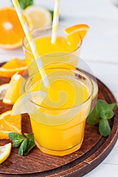 Refreshing citrus drink with sliced lemon and orange