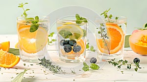 Refreshing Citrus Infused Water in Glasses, Summer Beverage Concept, Light Background. Healthy Lifestyle Drink