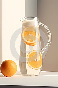Refreshing Citrus Infusion: Water Jug with Oranges.