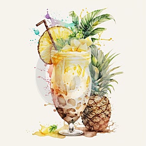 Refreshing Classic Cocktail Pina Colada Watercolor Clipart, Isolated on White Background - Generative AI