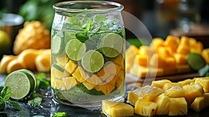 Tropical Fruit-Infused Water with Pineapple Lime and Mint in a Clear Glass Pitcher photo
