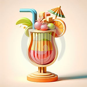 Refreshing cocktail. 3D cartoon illustration on a light background