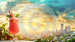 Refreshing Cocktail Against Picturesque Sunset Skyline