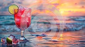 Refreshing cocktail on the beach at sunset - generative ai