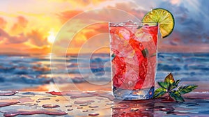 Refreshing cocktail by the beach at sunset - generative ai