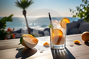 refreshing cocktail with ice against the backdrop of the sea. Playground AI illustration.