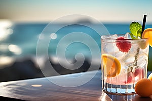 refreshing cocktail with ice against the backdrop of the sea. Playground AI illustration.