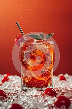 Refreshing Cocktail With Ice and Cherries on Table