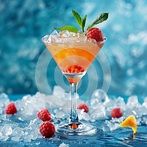 Refreshing Cocktail With Ice and Raspberries on Table
