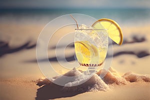 Refreshing cocktail with lemon slice on the sand at the beach. Generative AI illustration