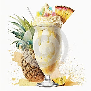 Refreshing Cocktail Pina Colada Watercolor Clipart, Isolated on White Background - Generative AI