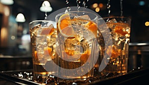 Refreshing cocktail poured over ice, a perfect summer night drink generated by AI
