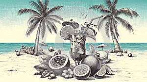 Refreshing cocktail on a tropical beach with palm trees and exotic fruit. Sketch for restaurant or bar menu . Generated AI.