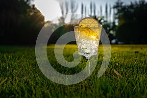 Refreshing cocktail in vintage glass with orange slice as decoration, on the grass.