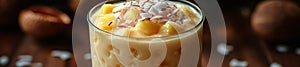 Refreshing coconut milkshake with pineapple chunks and shredded coconut on top