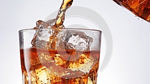 Refreshing cola pour with bubbles and ice on white fast food unhealthy high calorie