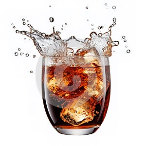 Refreshing Cola Splash with Ice Cubes in a Clear Glass. AI generation
