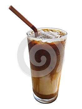 Refreshing cold coffee latte with condensed water droplets on glass surface isolated on white background, clipping path included.
