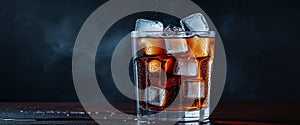 Refreshing Cold Cola with Ice Cubes in a Glass on Dark Background.