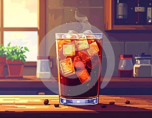 Refreshing Cold Cola with Ice Cubes in a Tall Glass on Kitchen Counter