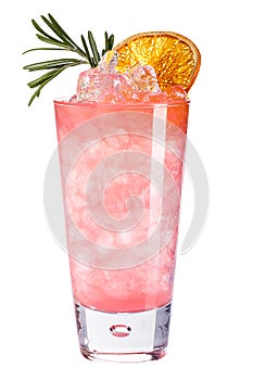 Refreshing cold pink cocktail with ice decorated with dried orange and rosemary.