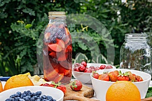 Refreshing cold sangria or homemade lemonade with citrus fruits and organic berries. Summer cocktail with fruit juice