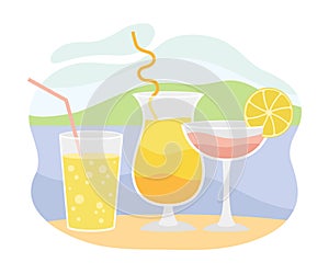 Refreshing Cold Summer Drinks in Glass with Straw and Beach Scene Behind Vector Illustration