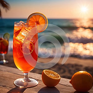 Refreshing cold tropical cocktail alcohol drink on summer beach next to ocean