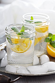 Refreshing cold water with lemon and mint