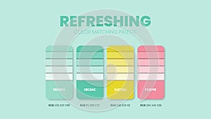 Refreshing color guide book cards samples. Color theme palettes or color schemes collection. Colour combinations in RGB or HEX.