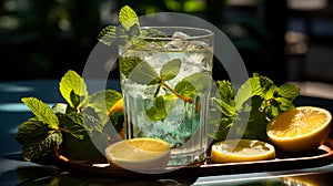 A refreshing cool drink in a glass with a slice of lemon and mint leaves on a glass table. Generative AI