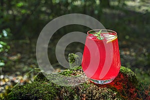 Refreshing cool summer lemonade from strawberry, raspberries, grapefruit or red currants. Pink cocktail drink in glass outdors on