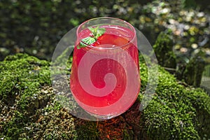 Refreshing cool summer lemonade from strawberry, raspberries, grapefruit or red currants. Pink cocktail drink in glass outdors on