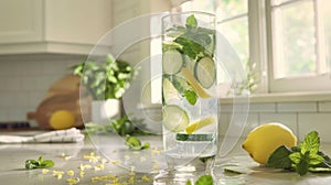 Refreshing Cucumber Lemon Mint Water in Sunlit Kitchen