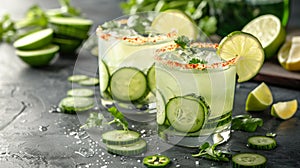 Refreshing cucumber margarita cocktail with cucumber slices and chili