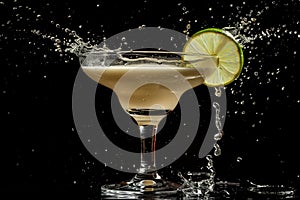 Refreshing daiquiri cocktail with a splash of lime against a black background