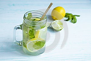 refreshing detox drink with mint ginger and lemon. Cold mojito cocktail