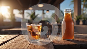 refreshing drink in bottle and a glass with ice on a wooden table in a cafe of a torpor resort