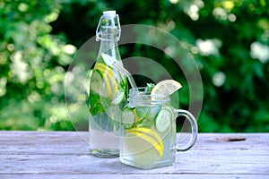 Refreshing drink with cucumber, lime and mint. Summer lemonade. Detox water concept