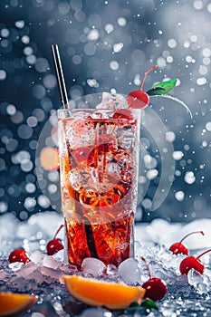 Refreshing Drink With Ice and Cherries