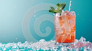 Refreshing Drink With Ice and Mint on Blue Background