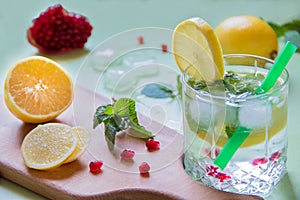 Refreshing drink with lemon and ice