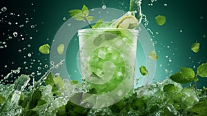 Refreshing drink with lime and lemon slices, mint leaves, ice cubes and water splashes Generative AI