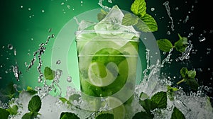 Refreshing drink with lime and lemon slices, mint leaves, ice cubes and water splashes Generative AI