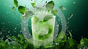 Refreshing drink with lime and lemon slices, mint leaves, ice cubes and water splashes Generative AI