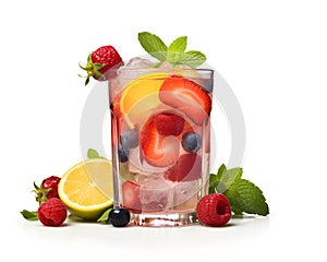 refreshing drink from pieces of fruit, strawberries, lychees, grapes, lemon