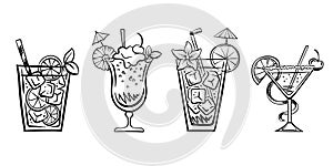 refreshing drinks. beach cocktails. a set of doodle drawings. vector illustration