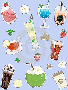 Refreshing drinks cute icon set-Sticker dash frame style
