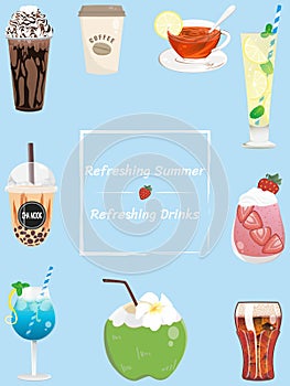 Refreshing drinks cute icons set