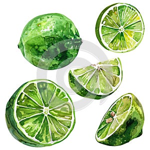 A refreshing ensemble of watercolor limes, showcasing whole and sliced fruits